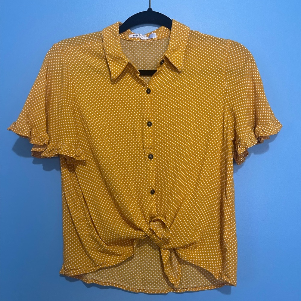 Yellow Polka Dot Tie-Front Button Down